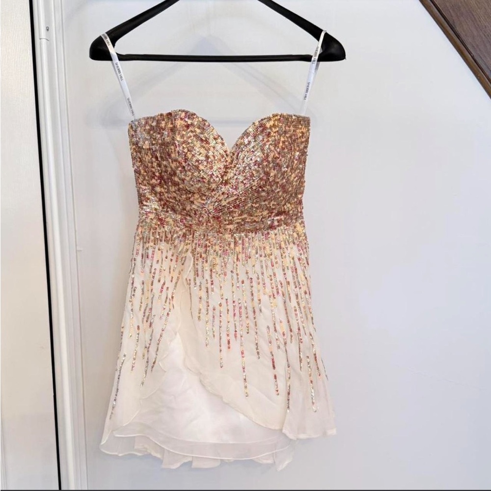 Sherri Hill 100% Silk Gold and Cream Sequin Mini Dress